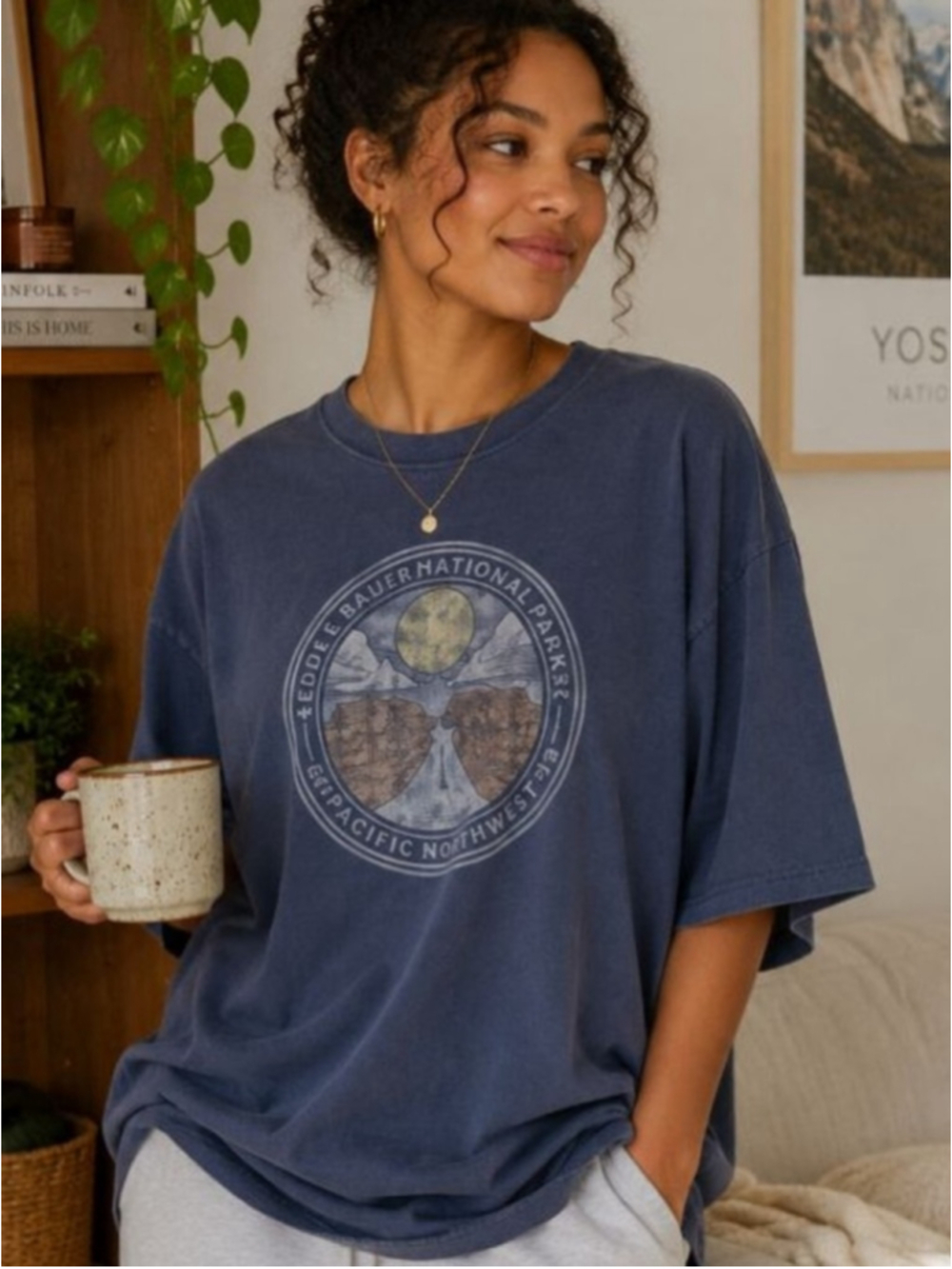 Eddie Bauer Vtg Bears Ears Oversize Graphic Tee Blue Gray L 90s Outdoorsy